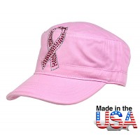 Military Cap – 12 PCS w/ Jeweled Breast Cancer Awareness Sign - Pink - HT-C7005PK