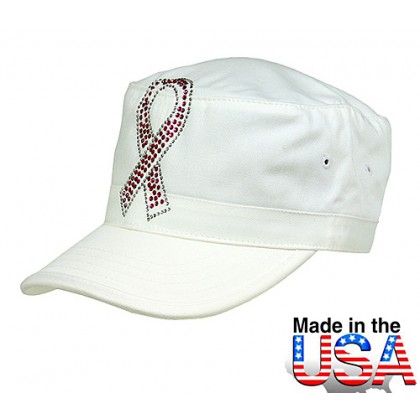 Military Cap – 12 PCS w/ Jeweled Breast Cancer Awareness Sign - White - HT-C7005WT