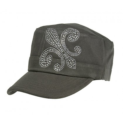 Military Cap – 12 PCS w/ Jeweled Rhinestones Fleur de Lis Sign - Gray - HT-C7018A-GY