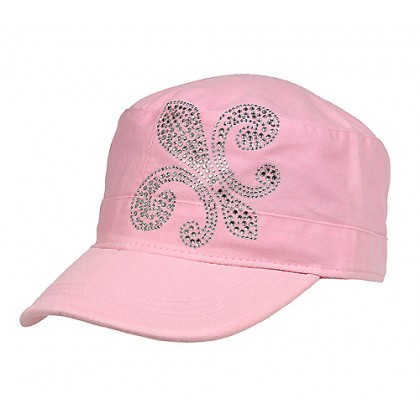 Military Cap – 12 PCS w/ Jeweled Rhinestones Fleur de Lis Sign - Pink - HT-C7018A-PK