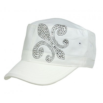 Military Cap – 12 PCS w/ Jeweled Rhinestones Fleur de Lis Sign - White - HT-C7018A-WT