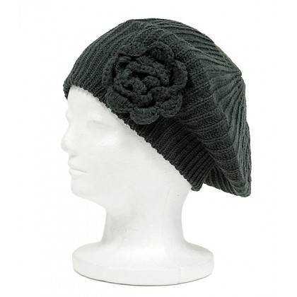 Cap – 12 PCS Knitted Beret w/ Floral Design - Dark Gray - HT-H1275F-DGY