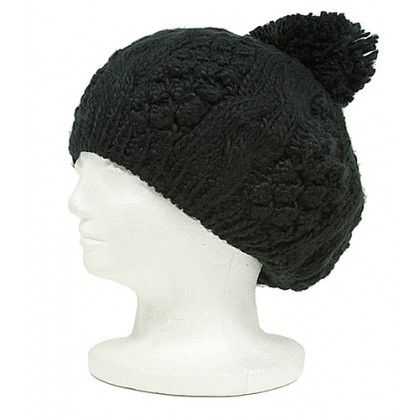 Cap – 12 PCS Knitted Beret w/ Pom Pom - Black - HT-H1282BK