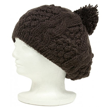 Cap – 12 PCS  Knitted Beret w/ Pom Pom - Brown - HT-H1282BR