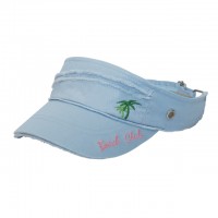 Visor Hats – 12 PCS Cotton Will W/Frayed Design and Embroidery Pam Tree - Blue Color - HT-4067BL