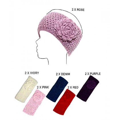 Headwraps / Neck Warmer – 12 PCS Crochet w/ Flower - Black Color - HB-0118HH