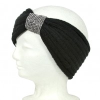 Headwraps / Neck Warmer – 12 PCS Knitted w/ Rhinestoned Ring - Black Color - HB-HW12BK
