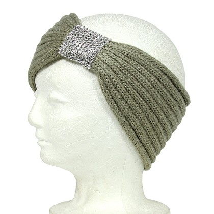 Headwraps / Neck Warmer – 12 PCS Knitted Headband w/ Rhinestoned Ring - Olive Color - HB-HW12OV