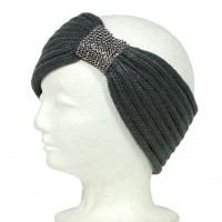 Headwraps / Neck Warmer – 12 PCS Knitted Headband w/ Rhinestoned Ring - Pewter Color - HB-HW12PT