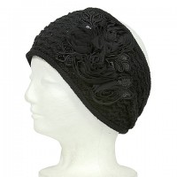 Headwraps / Neck Warmer – 12 PCS Knitted Headband W/ Silk Roses - Black Color - HB-YJ3BK