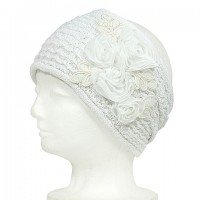 Headwraps / Neck Warmer – 12 PCS Knitted Headband W/ Silk Roses - White Color - HB-YJ3WT