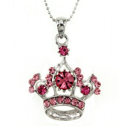 Necklace – 12 PCS Crown Charm - Silver w/ Swarovski Crystals - Pink - NE-N1394PK