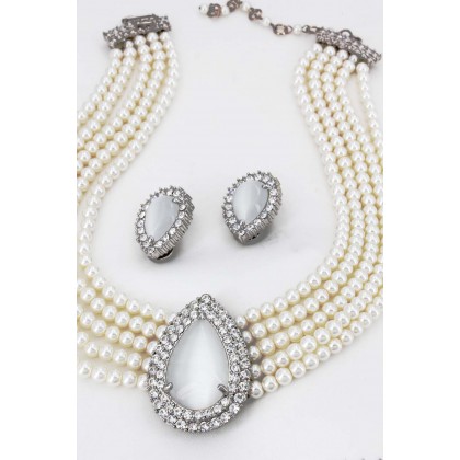 Necklace & Earrings Set – 12 Multi Chain Pearl NE+ER Set  - NE-265WT