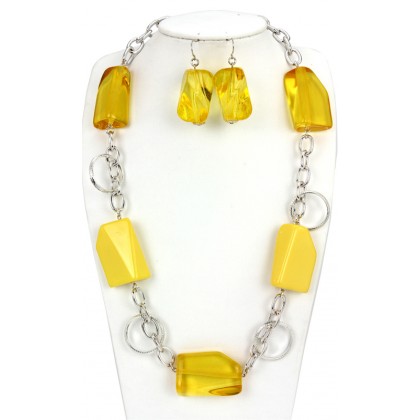 Necklace & Earrings Set – 12 Faceted Acrylic Beaded NE + ER Set w/ Silver Coating Chain - Yellow - NE-S6675LYEL