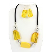 Necklace & Earrings Set – 12 Faceted Acrylic Beaded NE + ER Set w/ Leather-Like String - Yellow - NE-S6676LASYL
