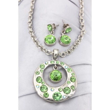 Gift set: 12 Swarovski Crystal Round Charm Necklace & Earring Set - Rhodium Plating - Green - NE-ST1039SVGN