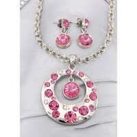 Gift set:  12 Swarovski Crystal Round Charm Necklace & Earring Set - Rhodium Plating - Pink -NE-ST1039SVPK