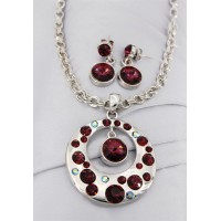 Gift set: 12 Swarovski Crystal Round Charm Necklace & Earring Set - Rhodium Plating - Purple - NE-ST1039SVPL