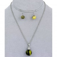 Necklace & Earrings Set – 12 Natural Stone Round Charm Necklace & Earring Set - Olive - NE-11871OL
