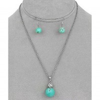 Necklace & Earrings Set – 12 Natural Stone Round Charm Necklace & Earring Set - TQ Blue - NE-11871TQ