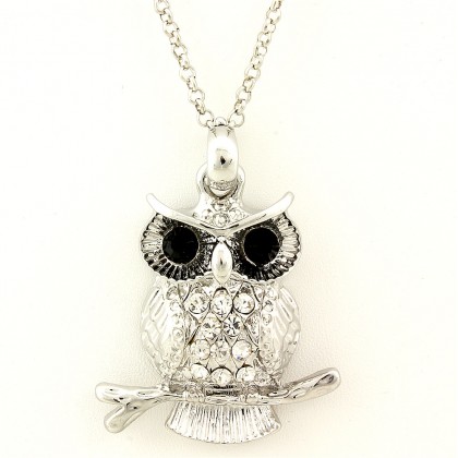 Necklace – 12 PCS Rhinestone Necklace - Owl Charm - 14" - Clear - NE-12220