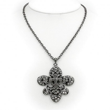 Necklace – 12 PCS Fleur De Lis Charm Necklace - 3-Layer Paved Rhinestone - Hematite - NE-12252HE