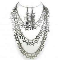 Necklace & Earrings Set – 12 Multi Chain Straps Necklace & Earrings Set w/ Dangling Open Stars - Silver - NE-12262