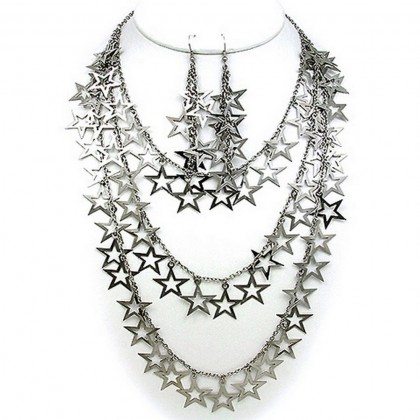 Necklace & Earrings Set – 12 Multi Chain Straps Necklace & Earrings Set w/ Dangling Open Stars - Silver - NE-12262