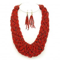 Necklace & Earrings Set – 12 Multi Strand Beaded Woven Necklace & Earrings Set - Coral - NE-12269CO