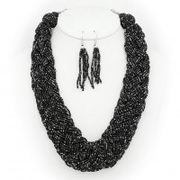 Necklace & Earrings Set – 12 Multi Strand Beaded Woven Necklace & Earrings Set - Black - NE-12269JT