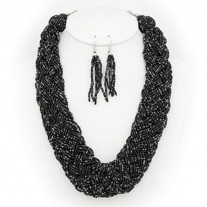 Necklace & Earrings Set – 12 Multi Strand Beaded Woven Necklace & Earrings Set - Black - NE-12269JT