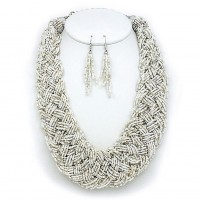 Necklace & Earrings Set – 12 Multi Strand Beaded Woven Necklace & Earrings Set - White - NE-12269WH