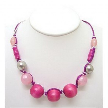 Necklace – 12 PCS Wooden Beads Necklace - Hot Pink Color - NE-245HP