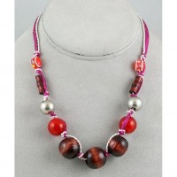 Necklace – 12 PCS Wooden Beads Necklace - Hot Pink / Brown Color- NE-245HP-BN