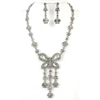 Necklace & Earrings Set – 12 Rhinestone Butterfly Charm Necklace and Earring Set - Clear Stones - NE-828CL
