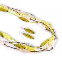 Necklace & Earrings Set – 12 Multi-Strand Beaded Necklace & Earrings Set w/ Oval Shape Beads - Green - NE-AACDS1321F1
