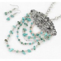 Necklace & Earrings Set – 12 – 19" Filligree Charm w/ Multi Strad TQ Blue Beads Necklace & Earring Set - NE-AACDS1437C
