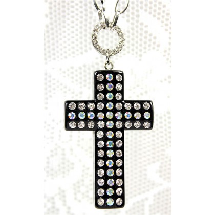Necklace – 12 PCS Cross Charm Necklace - OPQ Paved With Crystals - Black - NE-AACN6313B