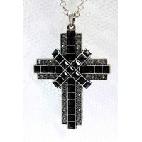 Necklace – 12 PCS Cross Charm Necklace - Burnish-Like Silver w/ Black Stones - NE-ACQN4753B