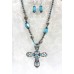 Necklace & Earrings Set – 12 Cross Charm Necklace & Earrings Set - Beaded Straps w/ Large Cross Charm - Turqoise Stones -NE-ACQN4781SC
