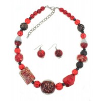 Necklace & Earrings Set – 12 Multi Beads Necklace & Earring Set - Glass Ball w/ Red Beads - NE-ACS9856