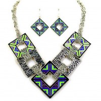 Necklace & Earrings Set – 12 Geometric Square Charms Link Necklace & Earrings Sets - NE-AS4176SMX 
