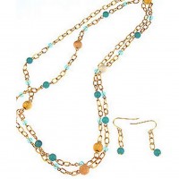 Necklace & Earrings Set – 12 Gold Chain Gold with Turquoise Color Pearl Beaded Necklace & Earring Set - NE-CQN2254C