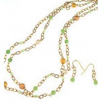 Necklace & Earrings Set – 12 Gold Chain Gold with Lime Color Pearl Beaded Necklace & Earring Set - NE-CQN2254F