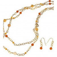 Necklace & Earrings Set – 12 Gold Chain Gold with Coral Color Pearl BeadedNecklace & Earring Set - NE-CQN2254G