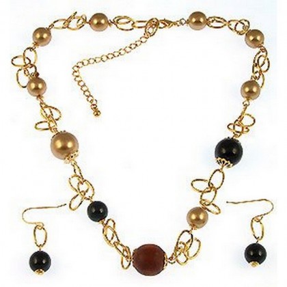 Necklace – 12 PCS Gold Chain Gold & Black Peral Beaded Necklace - NE-CQN2343B