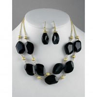 Necklace & Earrings Set – 12 Gem Stone - Double Straps Gold Chain NE+ER Set - Black - NE-GM313NKBK