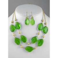 Necklace & Earrings Set – 12 Gem Stone - Double Straps Gold Chain NE+ER Set - Green  - NE-GM313NKGN