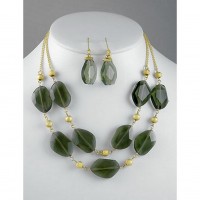 Necklace & Earrings Set – 12 Gem Stone - Double Straps Gold Chain NE+ER Set - Topaz  - NE-GM313NKTP