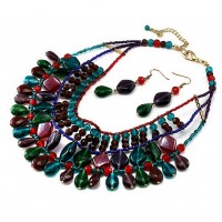 Necklace & Earrings Set – 12 Glass Bead Drape Necklace & Earrings Set - Multi Colors - NE-INE3516MUL